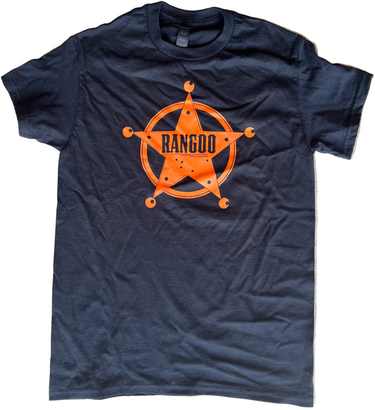 Black t-shirt with orange logo and 'Rangoo' text